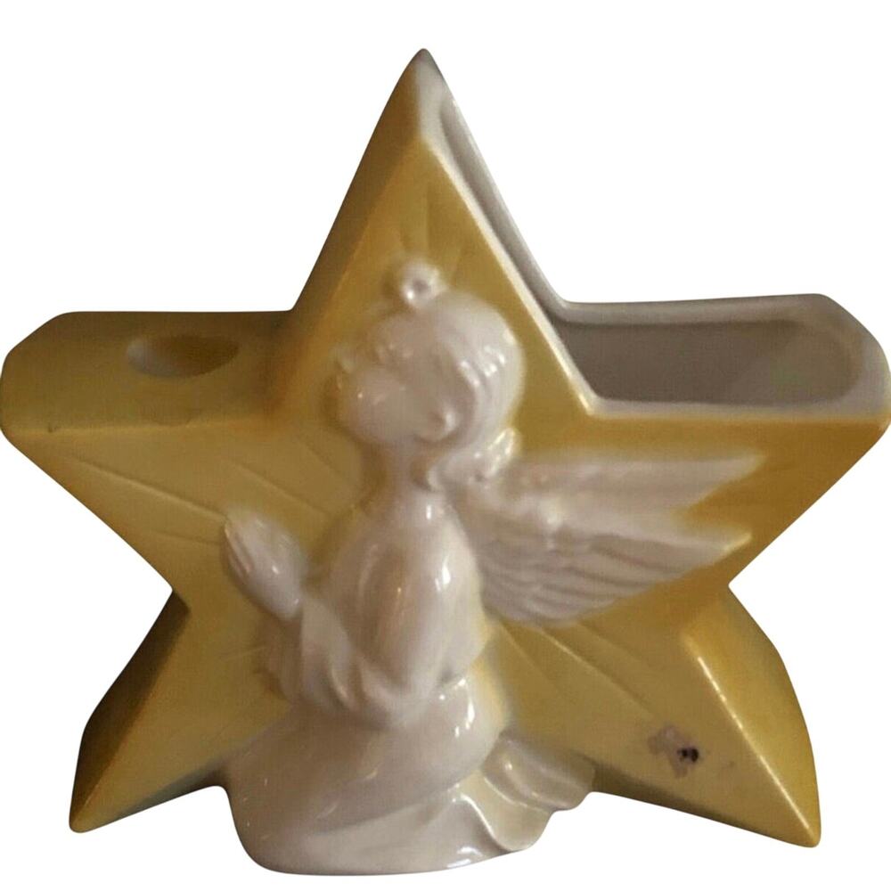 Vintage Royal Copley 1950’s Yellow Angel Star candle holder Planter